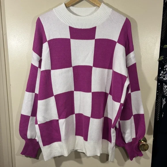 Zesica Bishop Sleeve Checkered Pink and White Women's Sweater Size XL - Picture 1 of 5